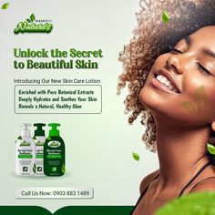 an advertisement for skin care products featuring a woman with natural hair and green leaves on her face