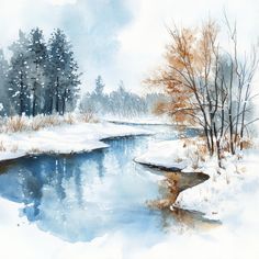 Watercolor Art Winter, Winter Forest Art, Landscape Watercolor Art, River Drawing, Winter Landscape Art, Winter River, Watercolor Pencil Art, Sky Art Painting, Winter Landscape Painting