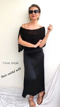 #blackoutfitideas #cocktailpartyoutfitclassy #knitshawl #over50style #partylookideas Luxury Black Poncho Shawl, Luxury Black Shawl Poncho, Cover Up For Dress Formal Black, Luxury Elegant Evening Poncho, Luxury Black Women's Capelet, Black Crochet Shawls, Luxury Black Capelet For Women, Black Cocktail Outfit, Cocktail Party Outfit Classy