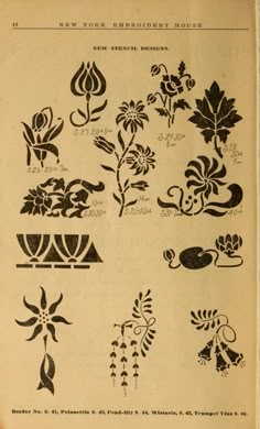 an old book with many designs on it's pages, including flowers and leaves