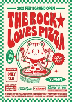 the rock love's pizza poster is shown in red and green checkered paper