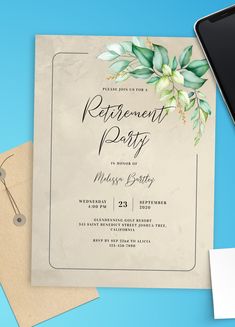 an image of a retirement party card on top of a table with papers and pen