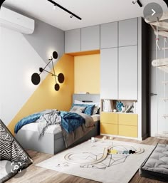 a bedroom with yellow and gray walls, white furniture and a spiral staircase leading up to the second floor