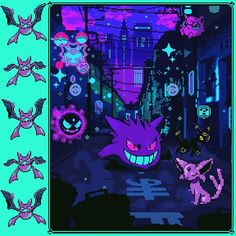 an old school pixel art style video game with pink, purple and blue colors on the screen