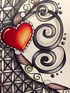 an artistic drawing with a heart and swirls on it