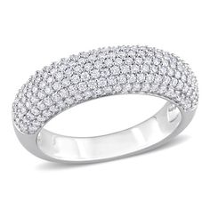 a white gold ring with round diamonds on the sides and two rows of pave - set