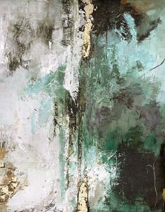 an abstract painting with green and white colors