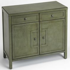 a green cabinet with two doors and three drawers on one side, against a white background