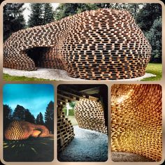 four different images of an outdoor structure made out of wooden planks and stacked on top of each other