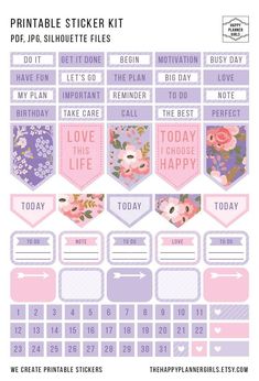 the printable planner sticker kit includes pink and purple flowers, hearts, and words