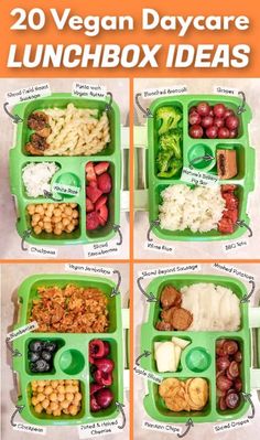 four different lunch boxes filled with food and labeled in the words, 20 vegan daycare lunchbox ideas