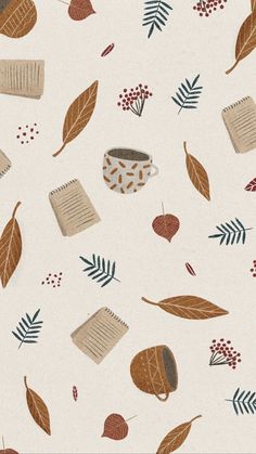 a cup of coffee and leaves on a white background with red berries, green leaves, and brown notebooks