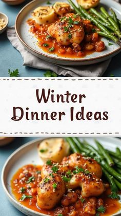 two plates filled with food and the words winter dinner ideas on top of each plate