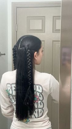 half up half doen style sepaeated into two braids  #halfuphalfdown #hairstyles #straighthairstyles #braidedhairstyle #braids Half Up Half Down Accessories, Half French Braid Ponytail, 2 Half Up Half Down Braids, Cute Braided Hairstyles Straight Hair, Half Braid Half Ponytail, 2 Braid Ponytail Hairstyles, Two Fish Tail Braid Hairstyles, Braids Hairstyles Sports, Top Half Braided Hairstyles