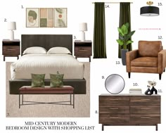 a bedroom design board with furniture and accessories for the bed, nightstands, mirror, lamp