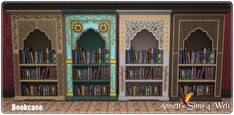 the bookcases are decorated with intricate designs and bookshelves in different colors