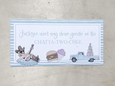 Chatta-two-chee Paper Banner | 2nd Birthday | Way down yonder | Alan | Jackson | Chattahoochee | Tiktok | Party Banner Banner measures 36 inches tall by 72 inches wide 🖤 Paper Banner: https://blessedlybarrett.etsy.com/listing/1692311518/chatta-two-chee-paper-banner-2nd 🖤 Wooden Cake Topper:  https://blessedlybarrett.etsy.com/listing/1692360282/chatta-two-chee-cake-topper-alan-jackson Invitation made by Southern Sibley Design (Tiktok famous OG invitation): https://www.etsy.com/listing/1695341848 🖤 Please reach out for if you cannot find the perfect banner for you! I'm happy to create something special for you! :) ❤ Materials: Paper + Ink ❤ I do not accept returns or exchanges on customized orders. If you have received a damaged item, please reach out and I will gladly make this right! :) Two Rowdy Birthday Theme, Chattahoochee Birthday Party, Way Down Yonder On The Chatta Two Chee Birthday, Chatatwochee Birthday, Way Down Yonder On The Chatta Two Chee, Chata Two Chee, Cowboy Second Birthday Party, Welcome Two The Wild West, Two Let The Dogs Out Party Invitations