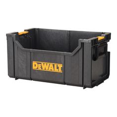 a black storage box with yellow handles and the word dewt on it's side