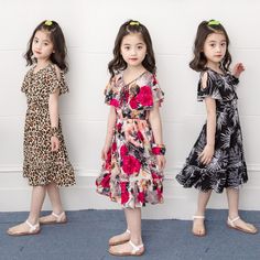 This children's dress is crafted from comfortable cotton fabric, and features a mid-calf length, O-neck collar, regular short sleeves, a casual A-line silhouette, and an eye-catching floral leopard print with ruffle details. Please note: Allow for slight deviations in manual measurements, and results may vary due to differences in monitor and light effects. Beach Dresses Short, Printed Beach Dresses, Girl Sleeves, Dress Princess, Childrens Dress, Princess Outfits, Girls Dresses Summer, Leopard Print Dress