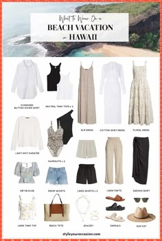 [Ad] Looking For Stylish Beach Vacation Outfits? If You Are Headed To Hawaii This Packing List Will Give You Exactly What You Should Bring Along And The Best Hawaii Outfits Ideas (Or Maui Outfit Ideas)! The Vacation Outfits Give A Chic, Elevated Aesthetic, And Are Comfortable, And The Free Packing List Is Printable To Help You Along Your Way! #vacationoutfitsaesthetic Beach Packing Outfits, Outfits For A Resort Vacation, Neutral Cruise Outfits, What To Wear On Vacation Summer, Outfits To Wear On Beach Vacation, Vacation Outfits For Beach, Vacation Beach Outfit Ideas, Classy Hawaiian Outfit, Parisian Vacation Style