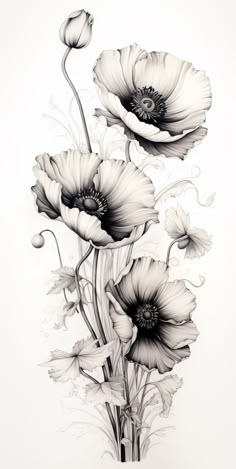 black and white drawing of three flowers