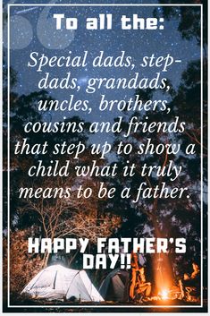 a happy father's day card with a tent and campfire