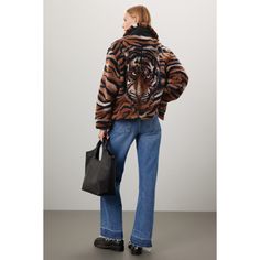 Brown animal print faux shearling (100% Polyester). Jacket. Long sleeves. Collar. Front zipper closure. 7.5" from shoulder to hemline. Imported. Long Sleeve Fur Coat With Zipper For Fall, Faux Shearling Jacket, Polyester Jacket, Raw Hem Jeans, Rent The Runway, Jacket Long, Sherpa Jacket, Tiger Print, Shearling Jacket