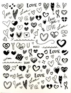 a sheet of paper with lots of hearts and words written on the side of it