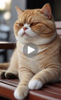 an orange and white cat sitting on top of a wooden bench