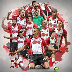 a group of soccer players with their mouths open in front of a red and white background