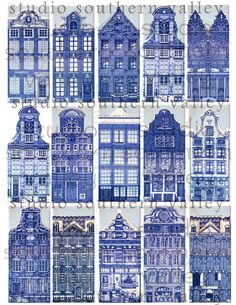 blue and white tiles with different styles of buildings on them, all in various sizes