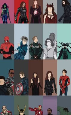 many different pictures of the characters from avengers and spider - man in their respective outfits