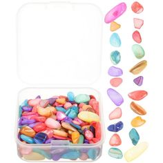 a plastic container filled with lots of different colored candy beans next to other candies