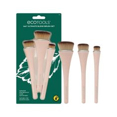 The EcoTools 360 Ultimate Blend Makeup Brush Set brings you 3 densely packed makeup brushes in 3 different sizes for a defined and sculpted base. The brush set includes the Ultimate Base Brush, Ultimate Cheek Brush, and Ultimate Concealer Brush. These face brushes are best used with liquid, cream, and stick foundations, blushes, bronzers, and concealers. Help your cheekbones pop, contour your jawline, and perfect your base with these uniquely shaped makeup brushes. Superior performance made sust Travel Size Makeup Brushes, Ecotools Brushes, Blend Makeup, Face Brushes, Makeup Brush Kit, Stick Foundation, Concealer Brush, Brush Kit, Face Brush