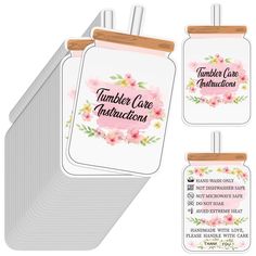 four tags with flowers on them and the words tumbler love instructions written in pink