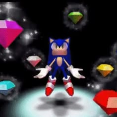 sonic the hedgehog is surrounded by diamonds and other colorful objects in this video game