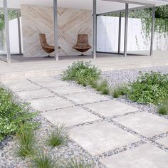 an artistic rendering of two chairs in the middle of a garden area with rocks and grass