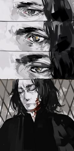 three different images of the same person's face and eyes, one with long black hair