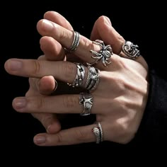 Flyshadow 6Pcs Punk Poker Joker Silver Color Rings Set for Men Goth Skeleton Billiards Set Couple Emo Fashion Jewelry Anillos Hombre Lesbian Rings Aesthetic, Emo Mode, Ring Man, Punk Vintage, Style Hip Hop, Vintage Skull, Vintage Punk