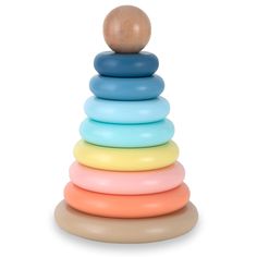 a stack of colorful plastic toys with a wooden ball on top