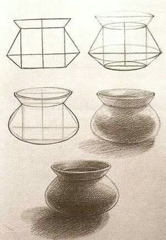 four different shapes and sizes of vases are shown in this drawing lesson for beginners