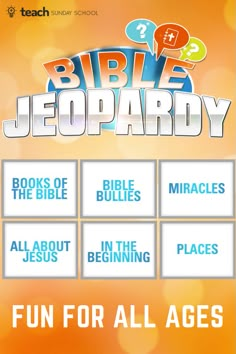 the bible jeepardy game is shown on an orange background with white letters