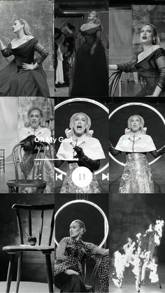 black and white photo collage of women in dresses on stage, with microphones