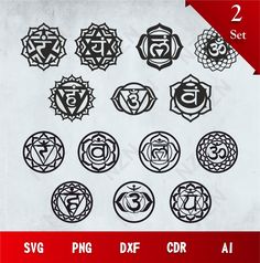 the seven chakras in different styles and sizes