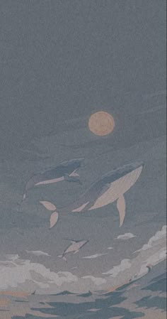 two dolphins swimming in the ocean under a full moon