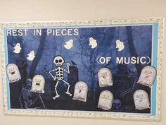 a halloween scene with skeletons and tombstones