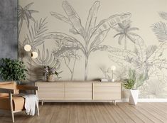 a living room with a plant wallpaper and wooden flooring in front of it