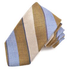 Gold, Sky, and Latte Textured Bar Stripe Woven Silk, Cotton, and Linen Tie by Dion Neckwear Gold Skies, Silk Linen, Striped Tie, 3 Weeks, 1 2 3, Color Combinations, Quality Fabric, Hand Crafted, Texture