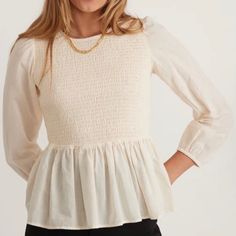 This New Style Has A Smocked Bodice And 3/4 Length Sleeves That Slightly Ballon At The Cuffs. With A Subtle Peplum Flare, This Versatile Top Pairs Perfectly With Denim Or Your Favorite Structured Pants!! ** Nwt ** Standard Fit ** 50% Cotton/ 50% Tencel Lyocell ** Machine Wash Cold/ Tumble Dry Low Structured Pants, Layered Shirts, Marine Layer, Smock Top, Wide Leg Cropped Pants, Peplum Blouse, Cropped Cardigan, Winter White, Striped Long Sleeve