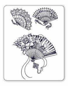 an ink drawing of three fan and flowers